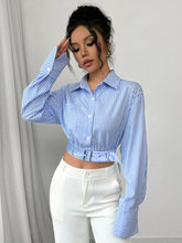 Privé Women's Short Striped Collar Shirt, Striped Shirt, Blue Striped Shirt, Casual Fashion Short Shirt